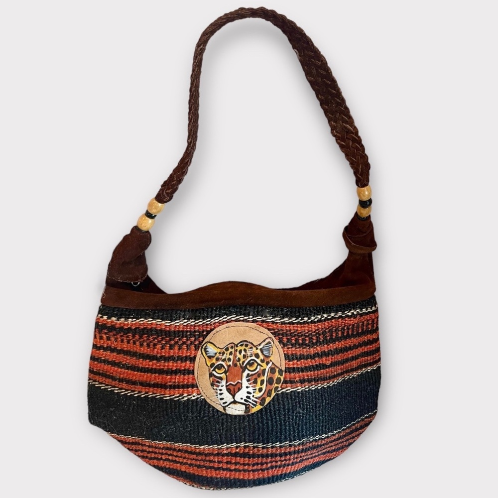 Vintage Cheetah Sisal Fiber & Suede Leather Bucket Bag